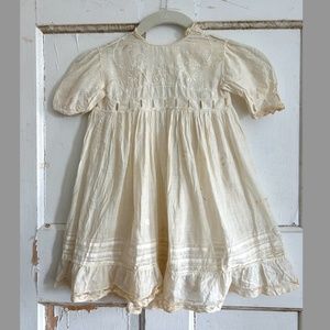 Antique Edwardian Ivory Childs Cotton Embroidered Dress